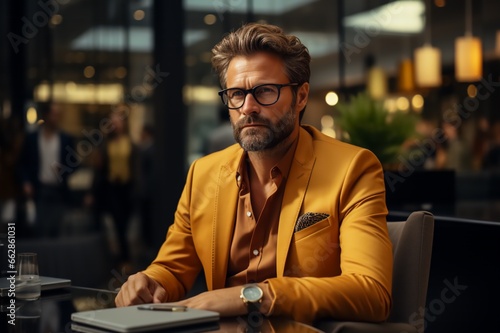 Businessman en réunion, homme d'affaires sérieux et concentré lors d'un entretien, portant des lunettes et bien coiffé, habillé d'un costume de costard 