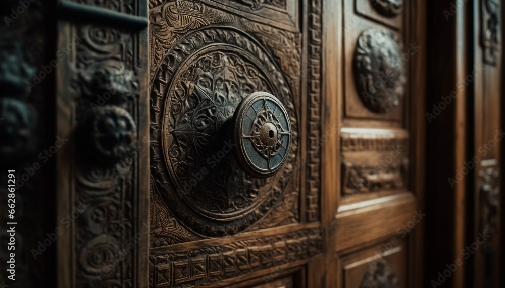 Antique wood door with ornate brass handle exudes elegance and history Antique wood door with ornate brass handle exudes elegance and history