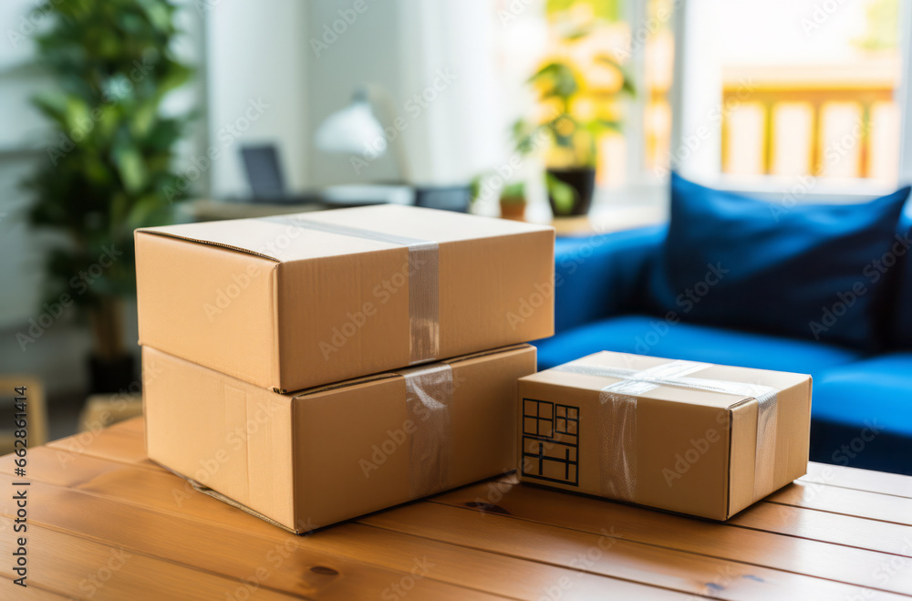 Parcels piled on table. Lounge area in background. Delivery concept. Parcels piled on table. Lounge area in background. Delivery concept.