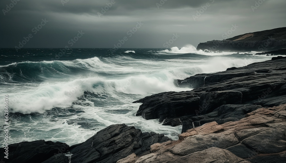 Obraz premium Rough waters crash against cliff, spray and foam in motion