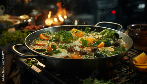Fresh vegetables sizzle on a hot stove, creating a healthy meal generated by AI