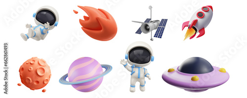 Space 3d vector icon set. Astronaut, planet, satellite, rocket, ufo, comet cartoon objects