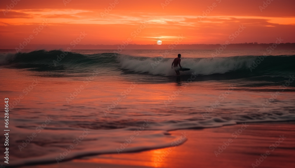 One person surfing on a wave at dusk, back lit