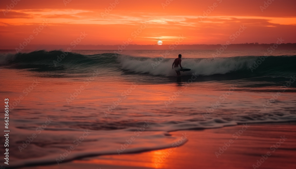 Fototapeta premium One person surfing on a wave at dusk, back lit
