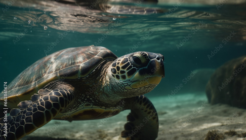 Fototapeta premium Green sea turtle swimming in tranquil underwater reef paradise