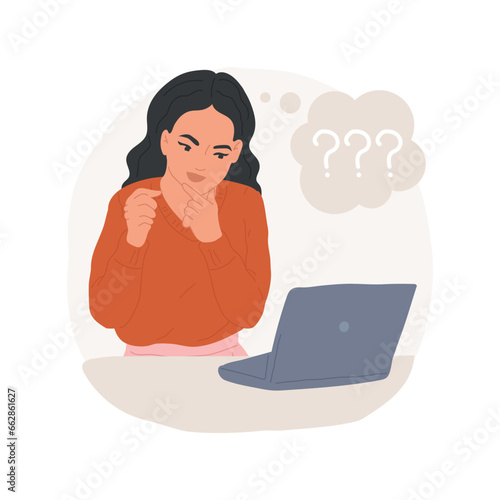 Curiosity isolated cartoon vector illustration. Attractive girl looking at laptop, teens curiosity moment, emotional adolescents interest, teenager making research, mood vector cartoon.