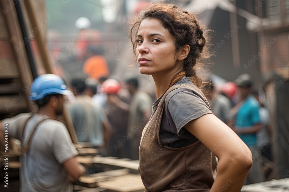A strong and resilient female worker in an construction site. A strong and resilient female worker in an construction site.