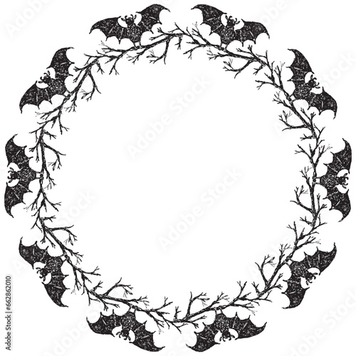 Circle frame from drawn bats on tree branches in Halloween
