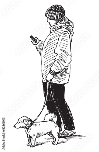 Sketch of  casual city woman walking with dog and looking at smart phone