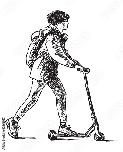 Sketch of casual teenager riding a scooter