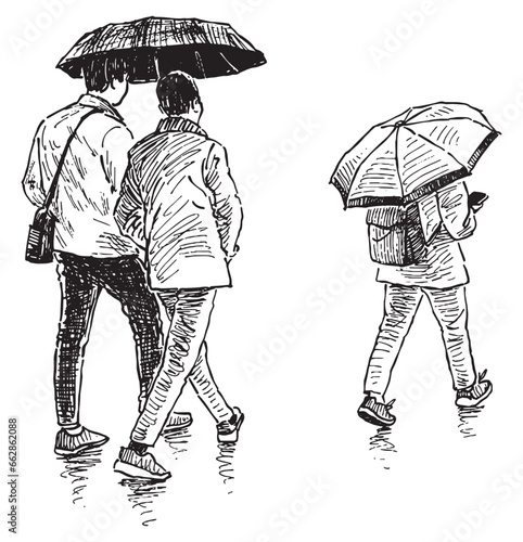 Sketch of casual urban pedestrians under umbrellas walking in raining