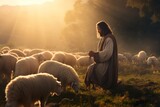 Shepherd Jesus Christ leading sheep in a field.