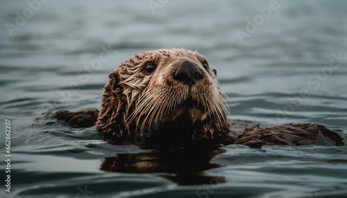 Close up portrait of cute wet sea lion swimming outdoors