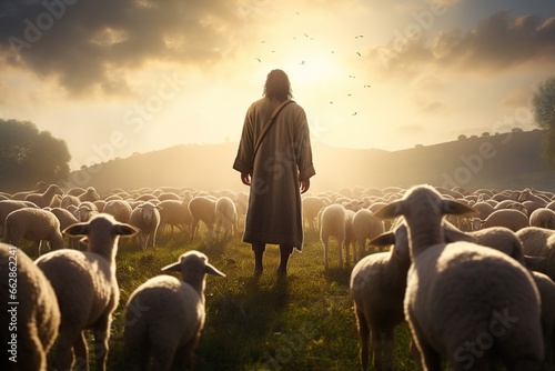 Fotografie, Obraz Shepherd Jesus Christ leading sheep in a field.