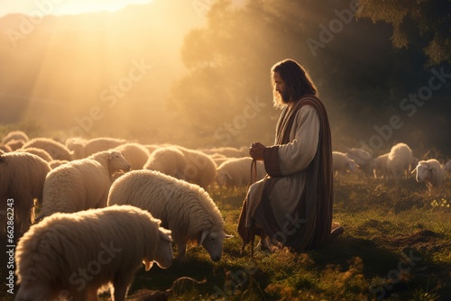 Shepherd Jesus Christ leading sheep in a field. photo