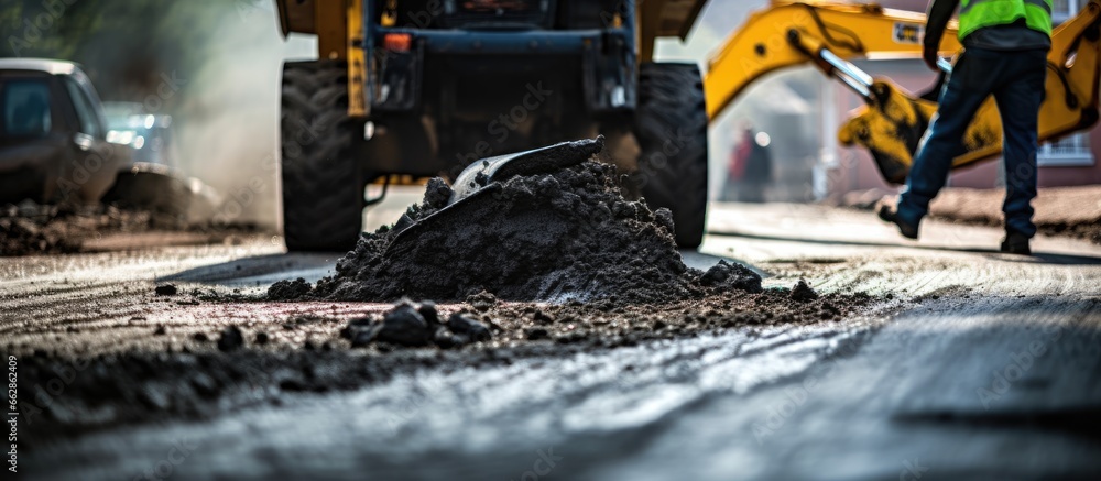 A worker with a shovel and an excavator break up old asphalt during city street repairs A worker with a shovel and an excavator break up old asphalt during city street repairs