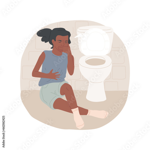 Bulimia isolated cartoon vector illustration. Young teen girl vomiting in bathroom, thin teenager with eating disorders and unhealthy look, peoples psychological problem vector cartoon.