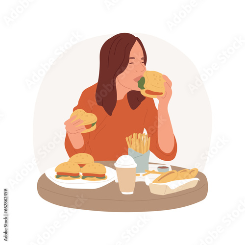Binge eating isolated cartoon vector illustration. Girl having obsession with food, teen with eating disorder and psychological problem, teenager with binge eating issue vector cartoon.