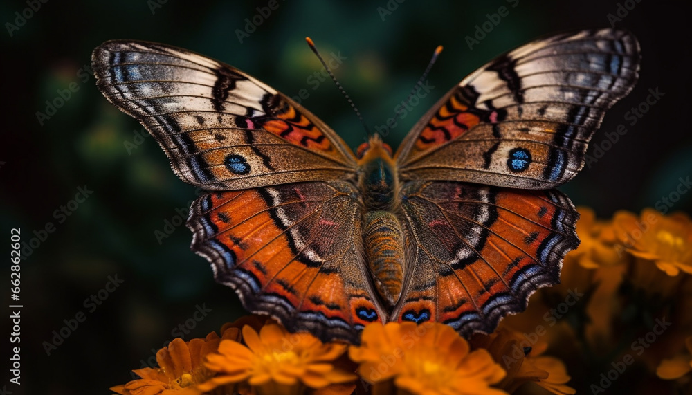 Fototapeta premium Vibrant multi colored butterfly wing showcases beauty in nature fragility