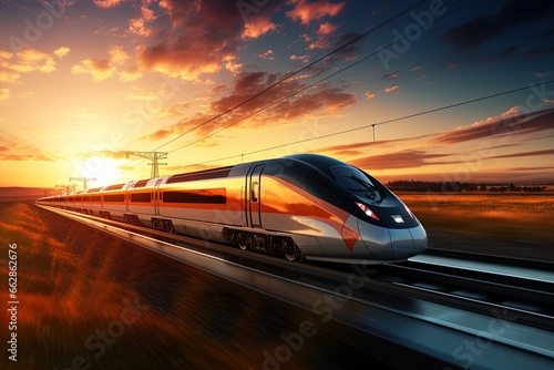 High-speed train on the railway at sunset. © Bargais