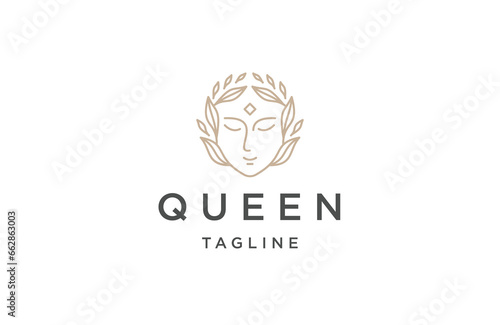 Beauty queen with crown line art logo design template