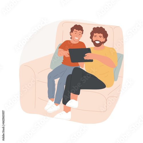 Having fun with dad isolated cartoon vector illustration. Dad and son watching tablet at sofa, trusting relationship, teenager lifestyle, father have fun together with child vector cartoon.