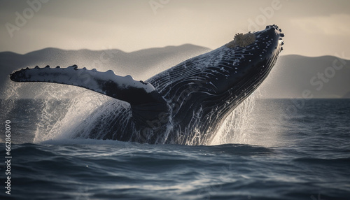 Majestic humpback whale breaches, splashing in the blue sea © Stockgiu