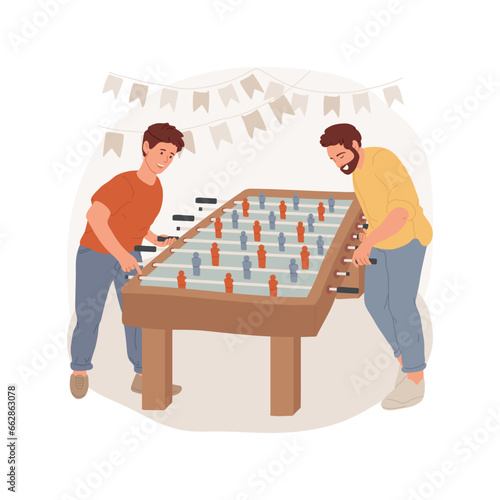 Play together isolated cartoon vector illustration. Dad and son playing table football, father and kid competition, having fun together, indoor activity, teenager lifestyle vector cartoon.