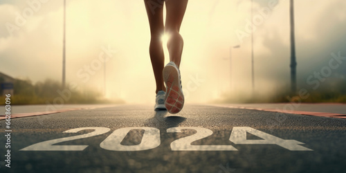 New year 2024 or start straight concept,  word 2024 written on the asphalt road and athlete woman running preparing for new year at sunset, goals and plans for the next year, generative ai photo
