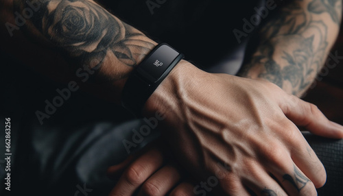 One tattooed man exercising indoors, holding smart phone and watch © Stockgiu
