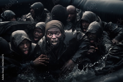 Refugees in a boat at night.