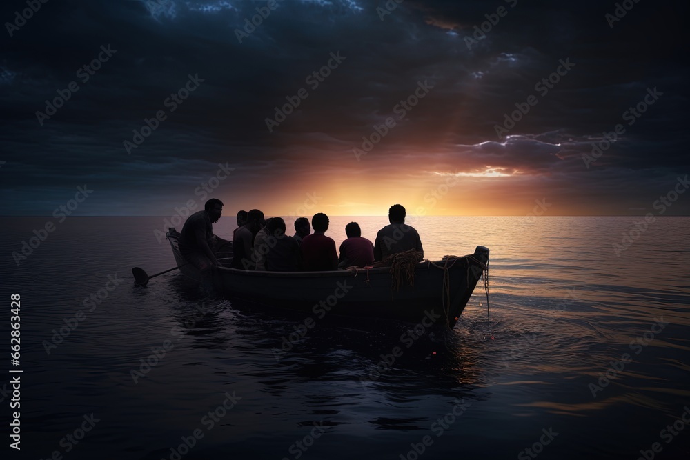 Refugees in a boat at night.