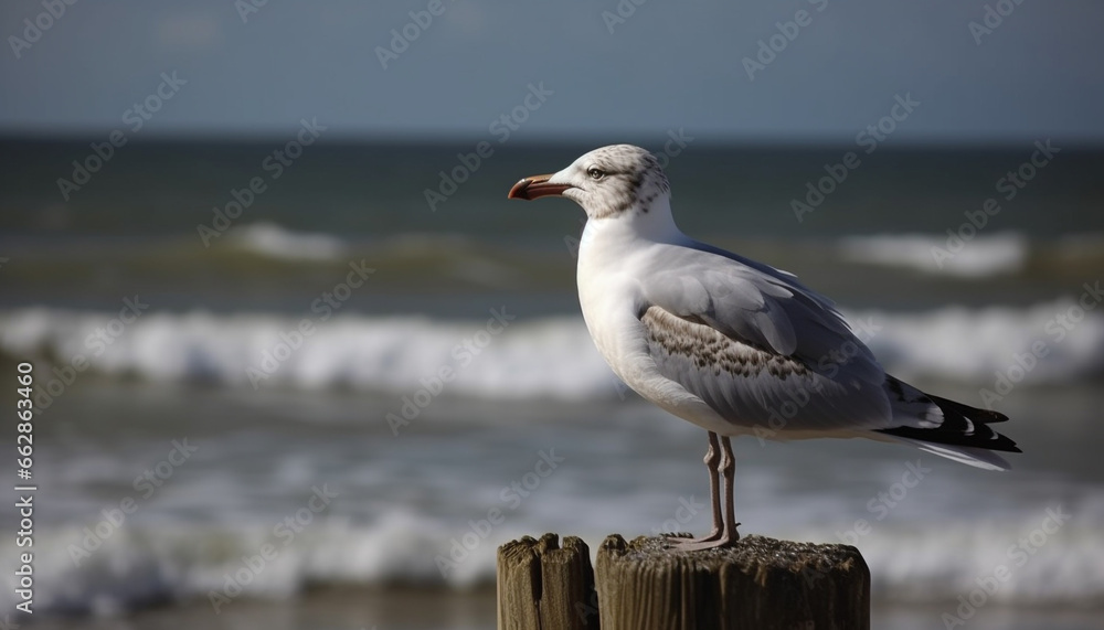 Seagull standing on waters edge, feathered beauty in tranquil scene Seagull standing on waters edge, feathered beauty in tranquil scene