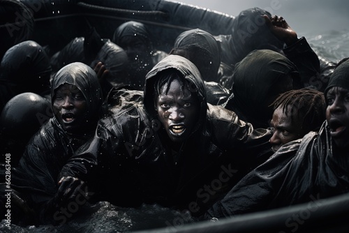 Refugees in a boat at night.