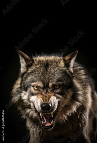 Angry grey wolf portrait on black with copy-space