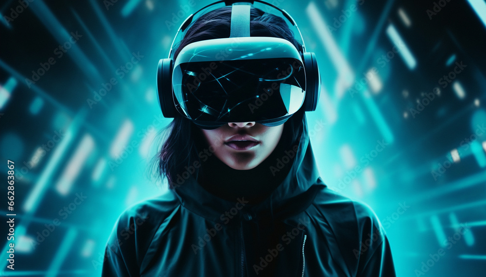Young adult in futuristic virtual reality simulator wearing protective eyewear Young adult in futuristic virtual reality simulator wearing protective eyewear