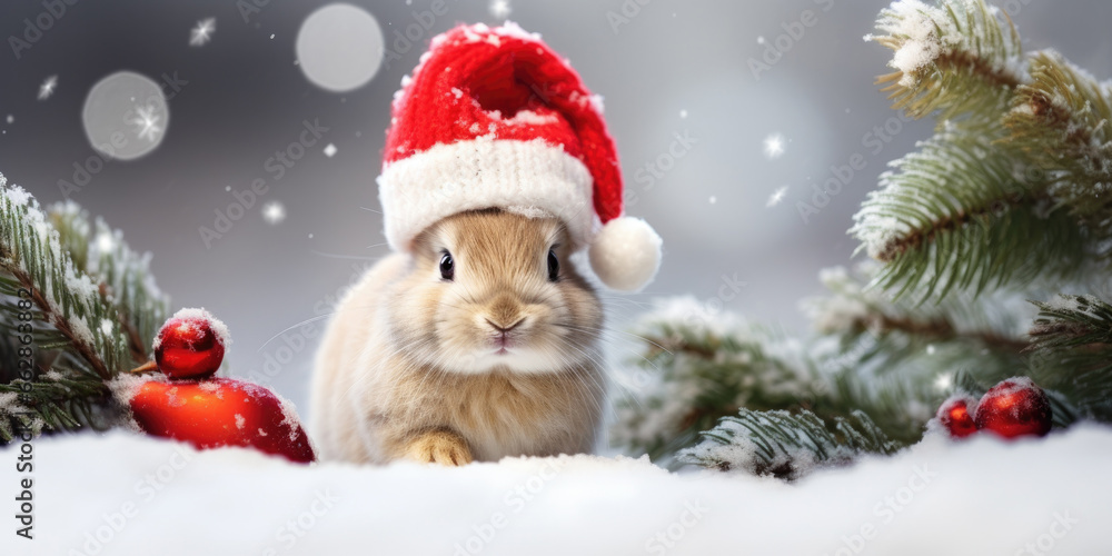 Cute rabbit in a santa costume with red santa hats, Holiday Christmas winter decoration background, generative ai Cute rabbit in a santa costume with red santa hats, Holiday Christmas winter decoration background, generative ai