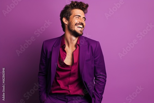 Handsome laughing caucasian man wearing purple clothes.