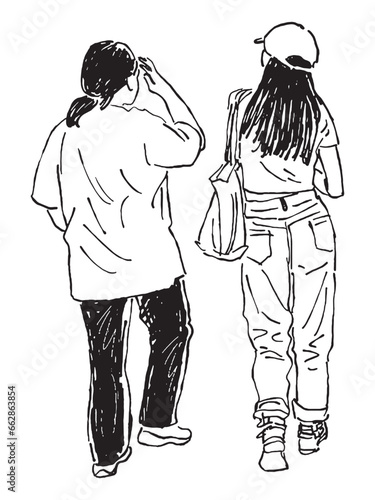 Contour drawing of students two girls walking outdoors on summer day