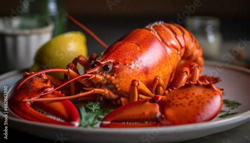 Fresh seafood on a plate, a gourmet meal of cooked crustacean generated by AI