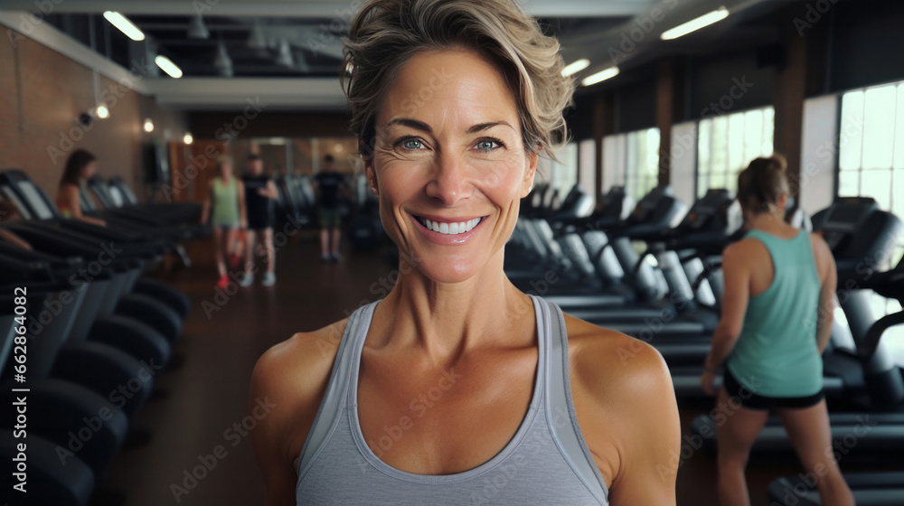 Portrait of fit mature female in gym. Confident smile. Looking at camera. Portrait of fit mature female in gym. Confident smile. Looking at camera.