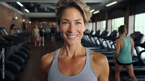 Portrait of fit mature female in gym. Confident smile. Looking at camera. © AllistairBot/Peopleimages - AI