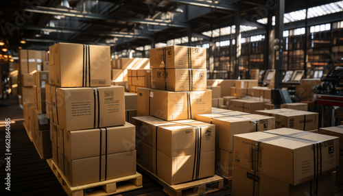 Large warehouse storing cardboard boxes for shipping and distribution industry generated by AI © djvstock