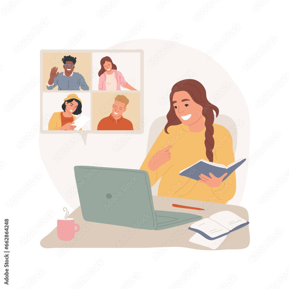Online calling isolated cartoon vector illustration. Smiling teen girl having video conference, communication via internet, students live chatting during pandemic, online lesson vector cartoon. Online calling isolated cartoon vector illustration. Smiling teen girl having video conference, communication via internet, students live chatting during pandemic, online lesson vector cartoon.