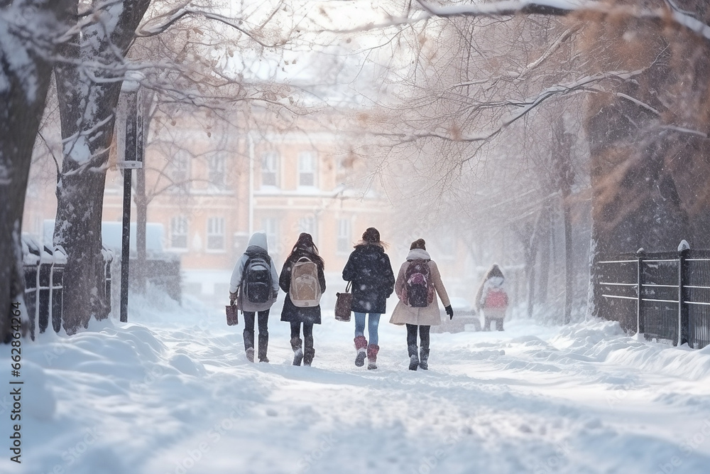 group of students walking on winter seasonal to school - obrazy, fototapety, plakaty 