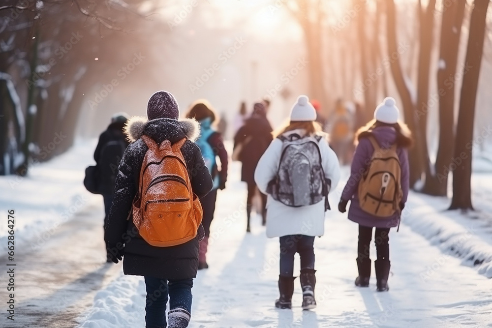 group of students walking on winter seasonal to school - obrazy, fototapety, plakaty 