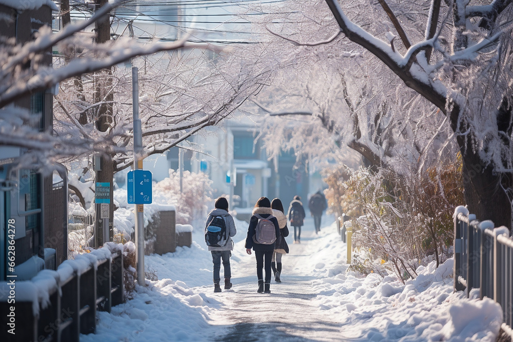 group of students walking on winter seasonal to school