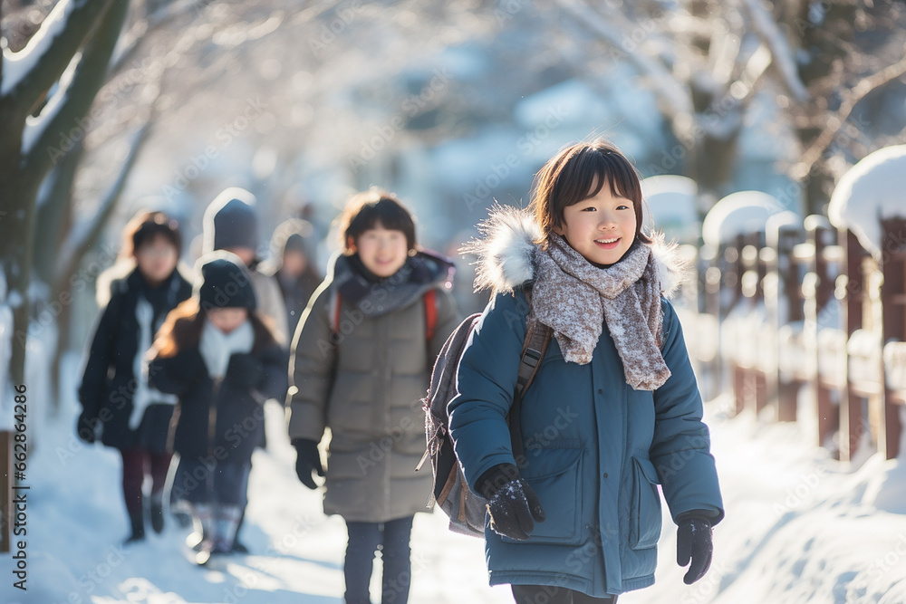 asian girl student walking to school on winter and snow