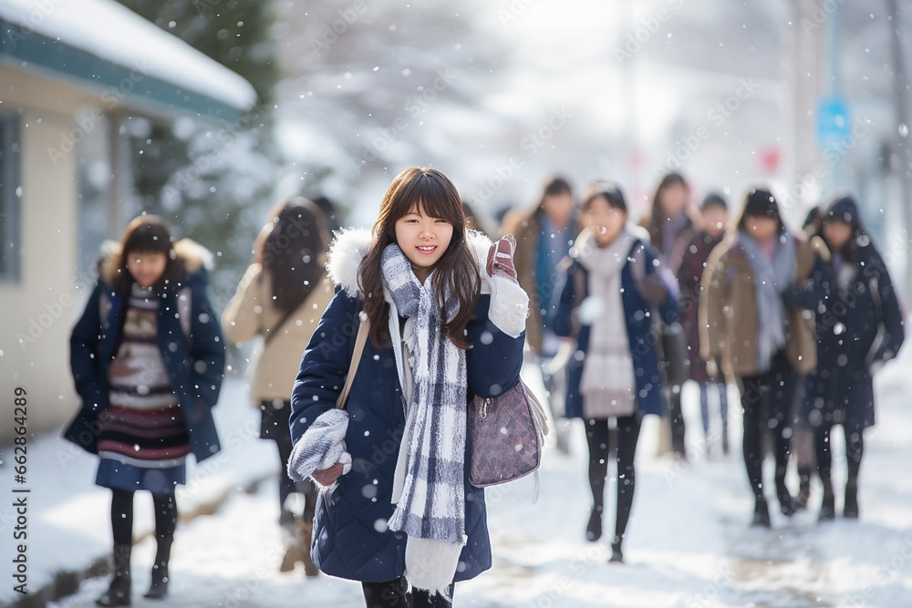 Obraz premium asian teenage woman walking to school on winter season