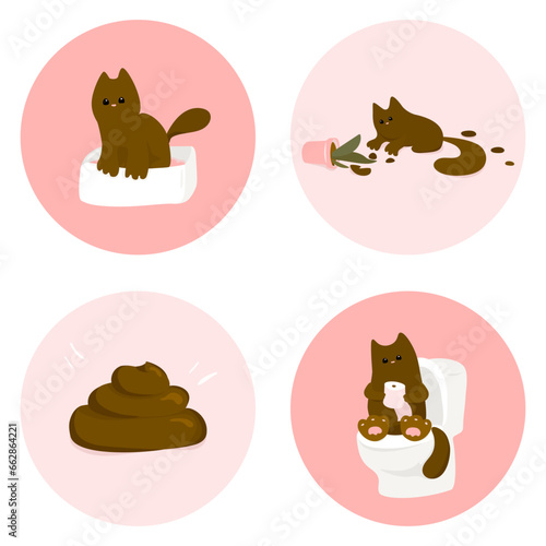 A cute minimalist set of icons with poo and pooping cats, as well as a cat that damaged a flower in a flowerpot